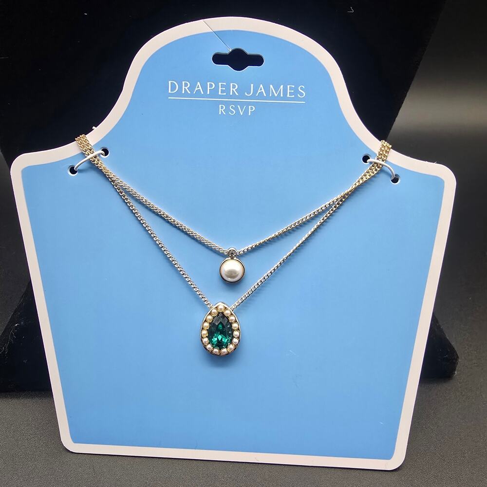 Draper James Green Rhinestone Tear Drop Necklace Layered Faux Pearl NIP NWT
